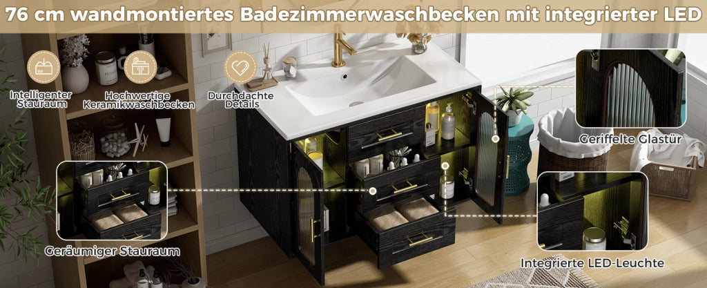 Mobile bagno sospeso 76 cm con lavabo in ceramica, finitura effetto legno nero, ante in vetro scanalato, illuminazione LED integrata