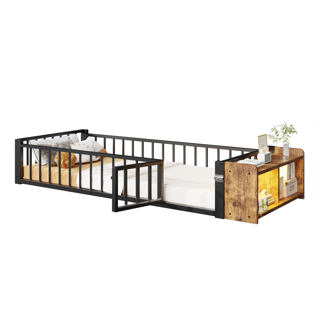Letto singolo per bambini 90x200 cm con sponda; vano aperto e LED in metallo e MDF; nero