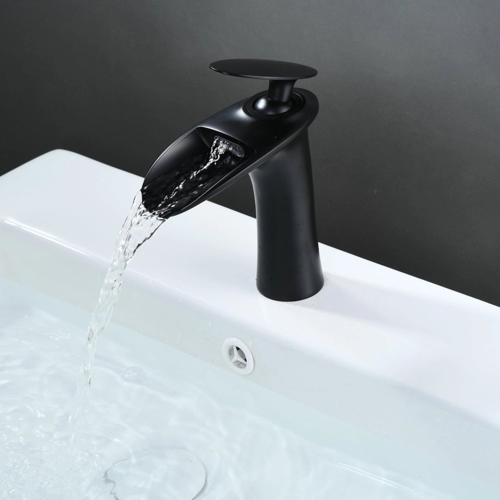 Miscelatore per lavabo a cascata, nero, in ottone, per acqua calda e fredda