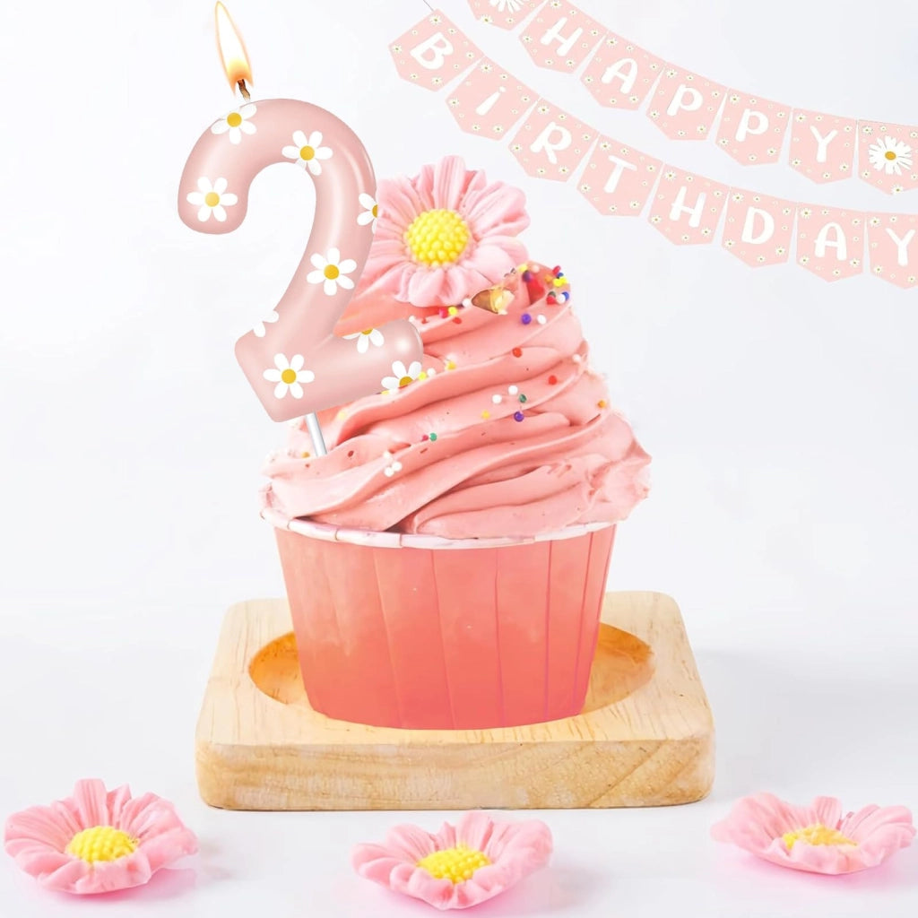 Candeline per torta a forma di margherite, numero 2, rosa, 8,5 cm, in paraffina