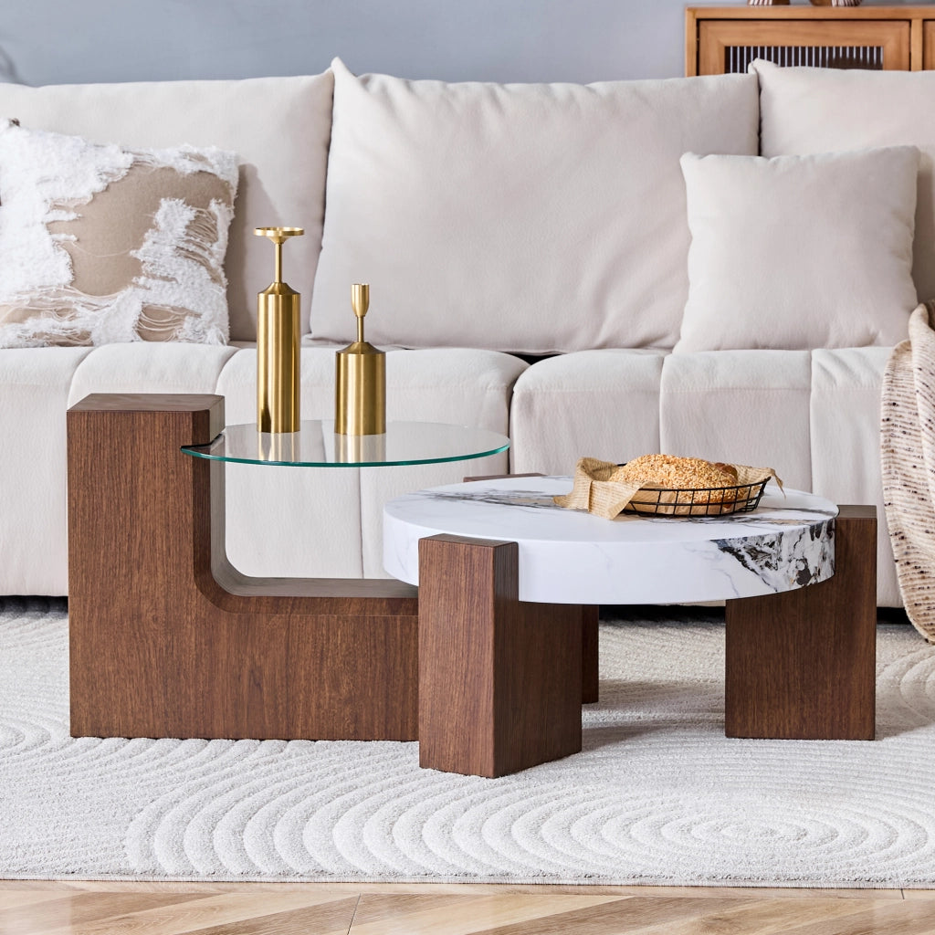 Set di tavolini da salotto rotondi separabili a due livelli in MDF effetto noce vetro trasparente bianco marmo