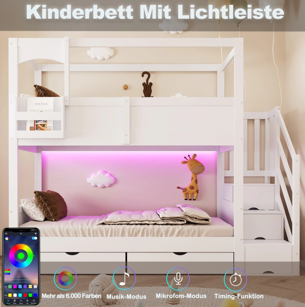 Letto contenitore per bambini 90x200 cm con scala e rete a doghe in legno bianco per cameretta, senza materasso