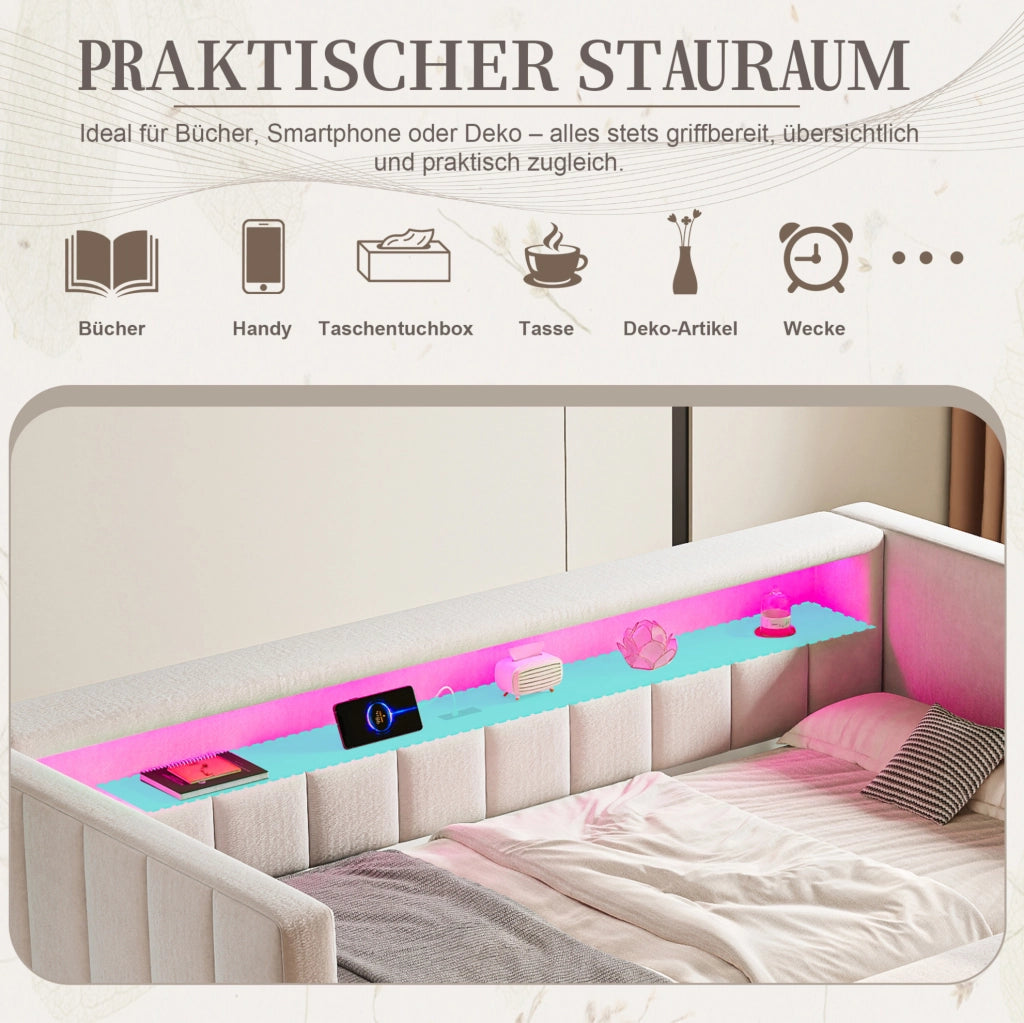 Letto estraibile 90 × 190 cm con LED; USB Type-C e vano portaoggetti; velluto beige