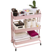 Carrello metallico, con 3 ripiani, dimensioni 71,2 x 61 x 29 cm, dotato di ruote con freno, colore rosa