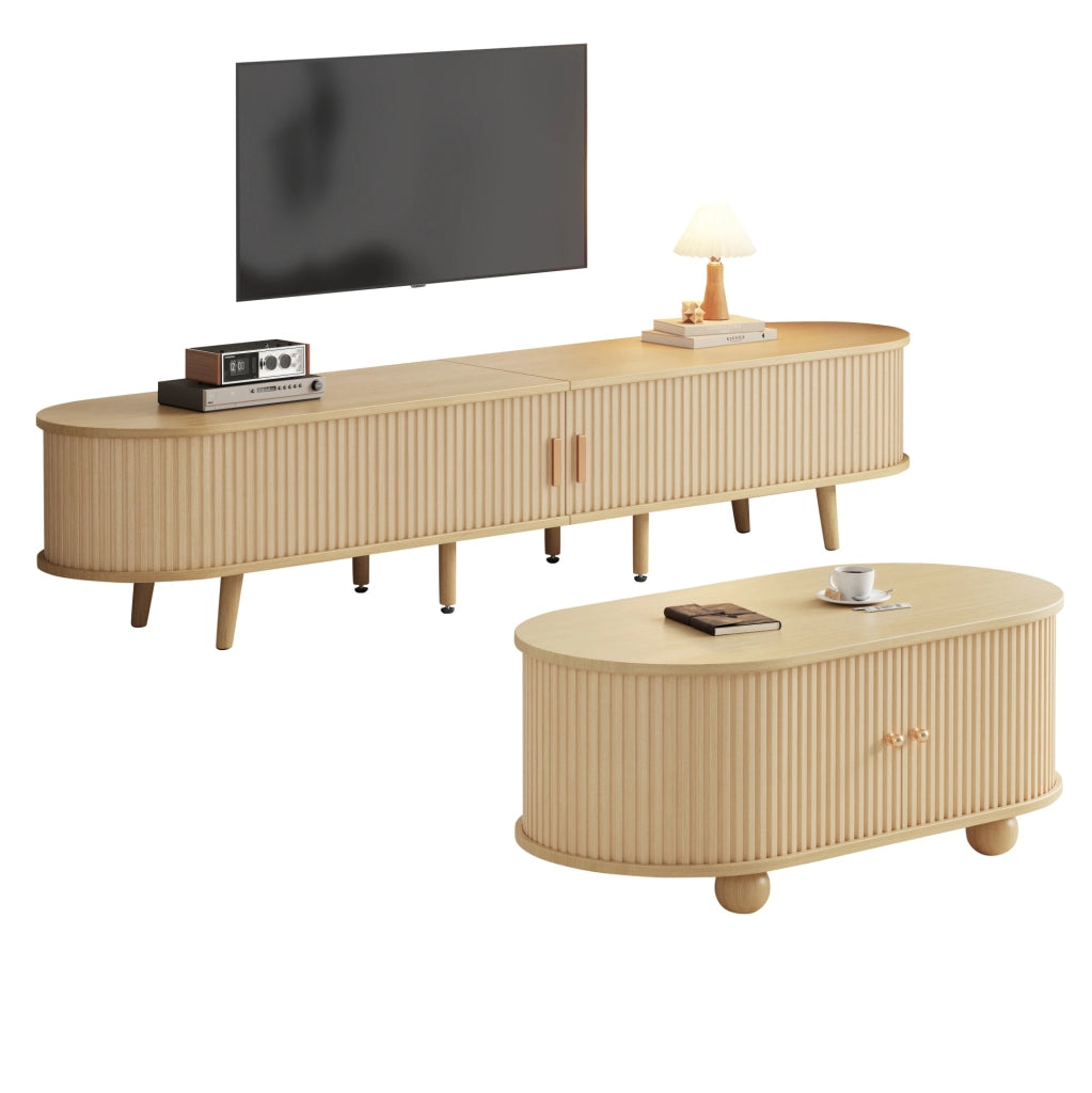 Set mobile TV e tavolino da salotto IVMEU, 170 e 100 cm, con cassetti e vani aperti, MDF color noce chiaro