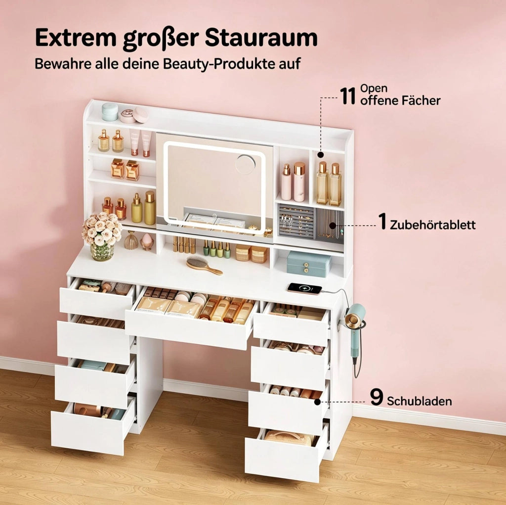 TAVOLO da trucco con specchio scorrevole e LED 110x40x140 cm bianco