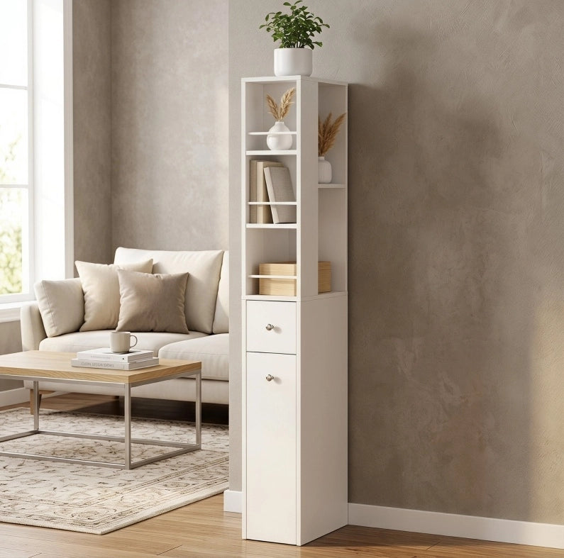 Mobile bagno alto compatto 135 cm in MDF laccato bianco con 2 cassetti, 2 mensole laterali e 3 scomparti