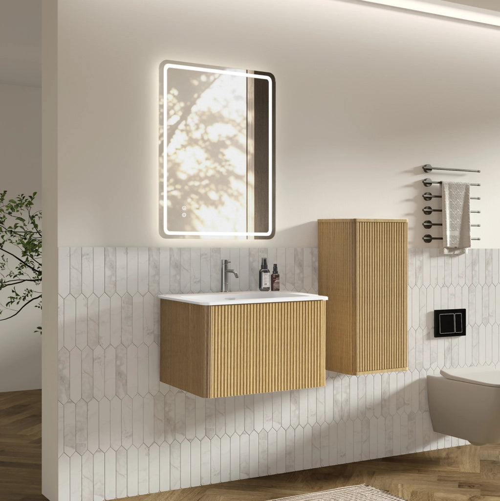Mobile bagno 60 cm con specchio LED, lavabo e colonna, finitura quercia
