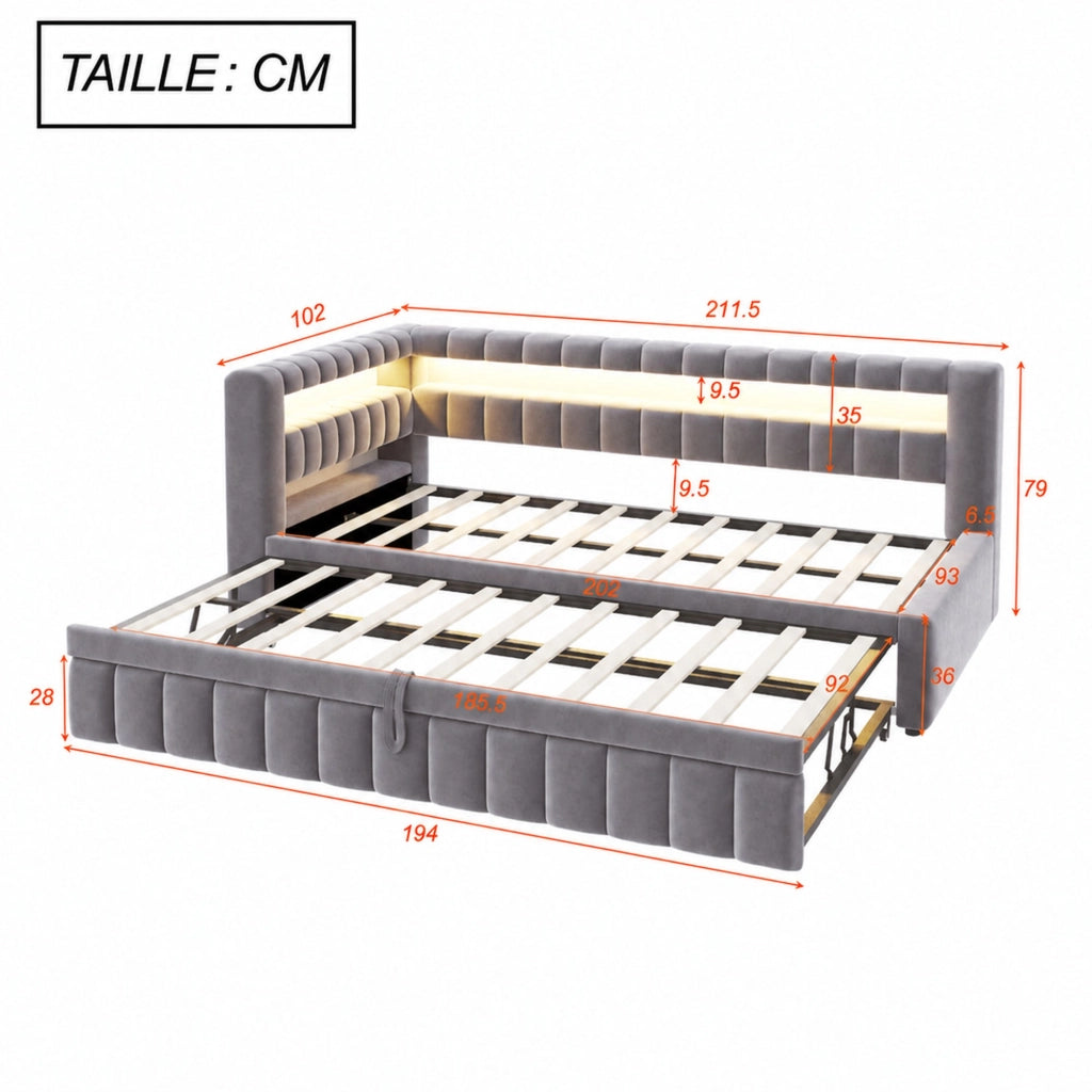 Letto singolo imbottito 90 × 200 cm estraibile con rete a doghe in velluto grigio con LED e porte USB tipo C