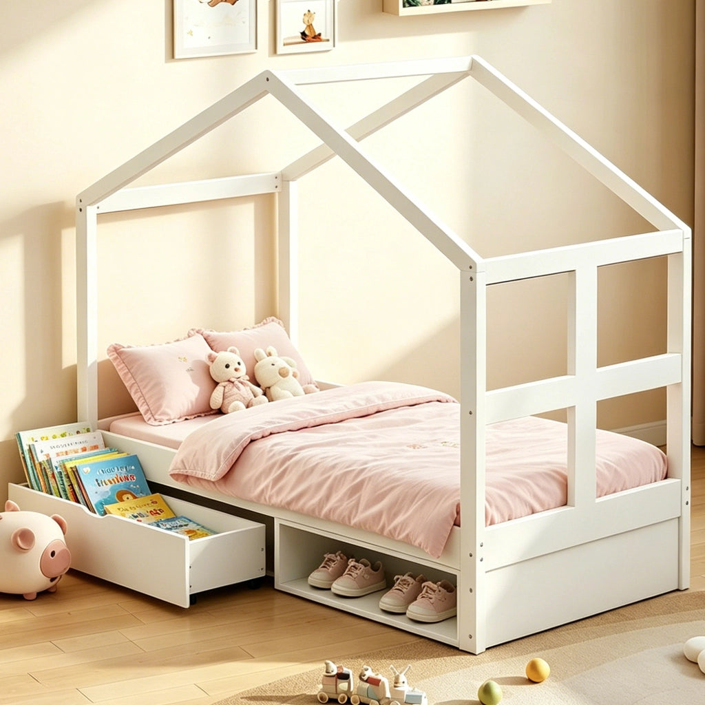 Letto singolo a casetta 90 × 190 cm con cassetti scarpiera LED multicolore in legno bianco con rete a doghe