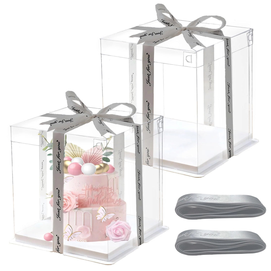 Set di 2 scatole per torte, dimensioni 26x26x25 cm, trasparenti, con base