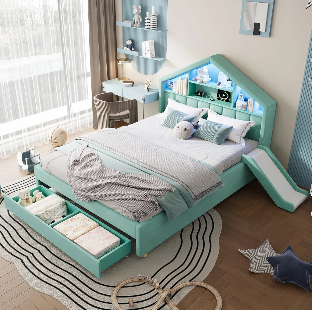 Letto per bambini 140 x 200 cm in velluto blu e verde con scivolo e contenitore