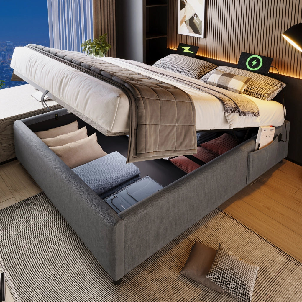 Letto contenitore 90 ¡Á 200 cm con ricarica USB e Type-C base continua in legno rivestito in lino naturale