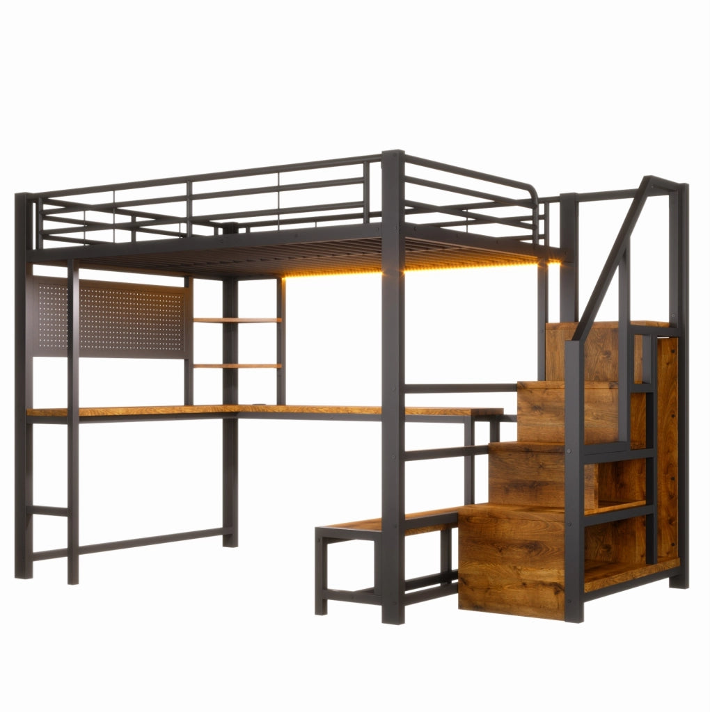 Letto a soppalco 140x200 cm con scrivania, illuminazione LED, USB e USB-C, struttura in metallo nera