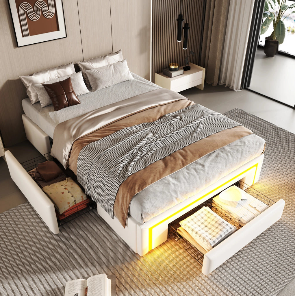 Letto singolo 90x200 cm con cassetti e luce LED RGB in PU; metallo e MDF; bianco