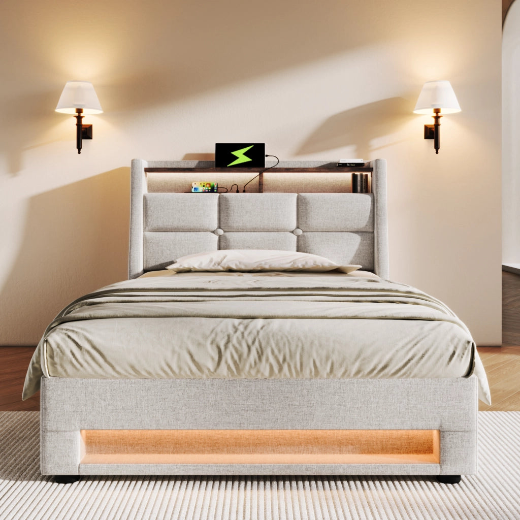 Letto imbottito singolo 90x200 cm beige con illuminazione LED
