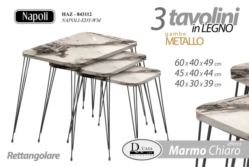Set 3 tavolini in metallo effetto marmo chiaro