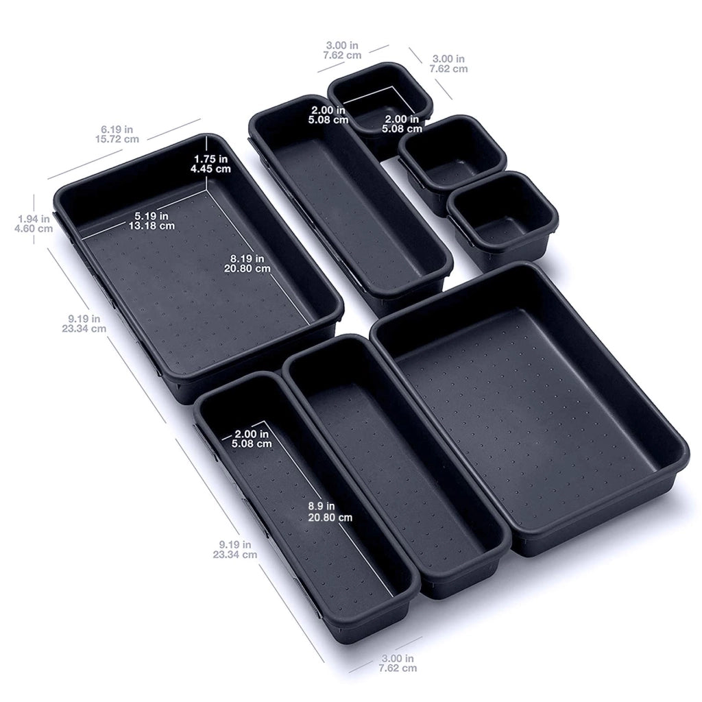 Set di 8 organizer per cassetti, contenitori, 3 dimensioni, grigio scuro