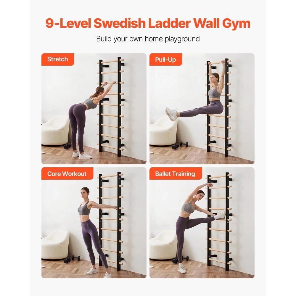 Scala Svedese da Parete D10 a 9 Livelli in Legno Massello e Acciaio, Carico 150 kg, Spalliera Robusta per Ginnastica e Casa