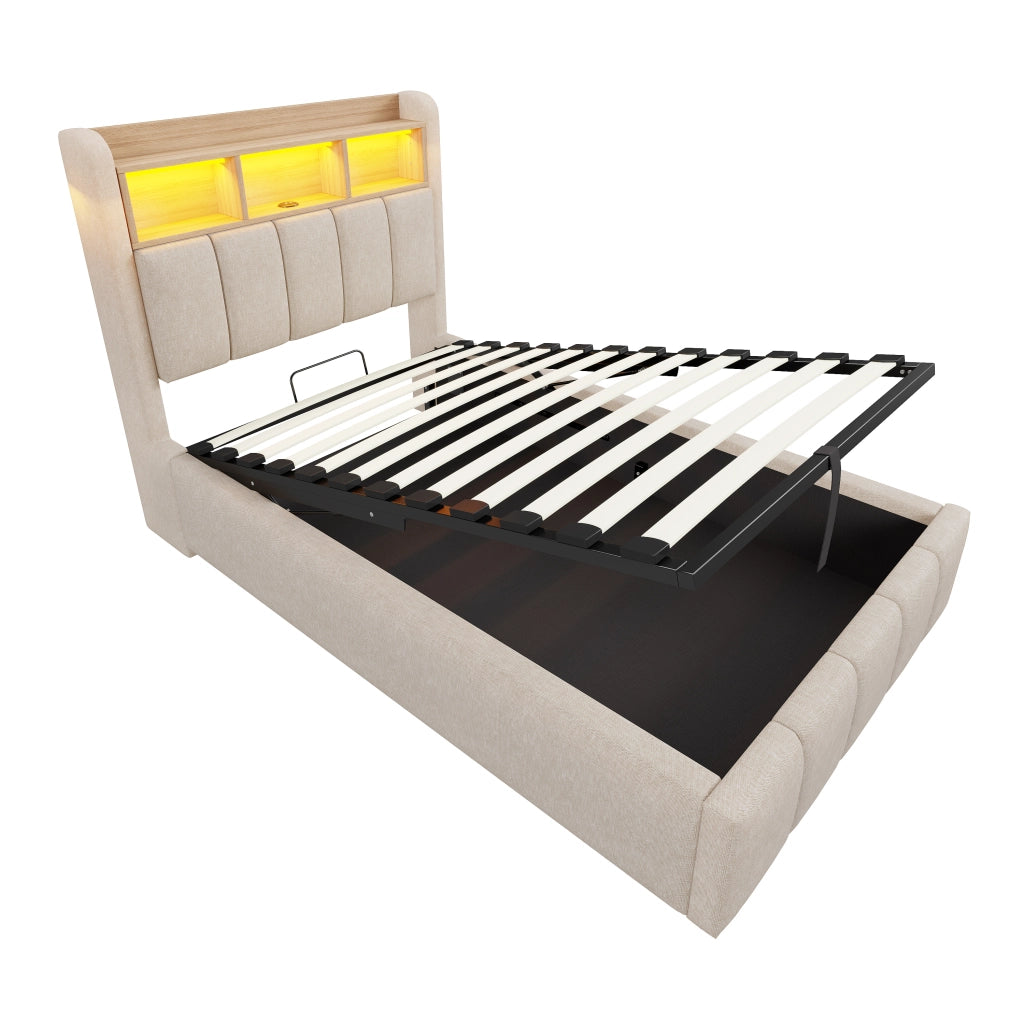 Letto imbottito 90 x 200 cm beige con contenitore idraulico