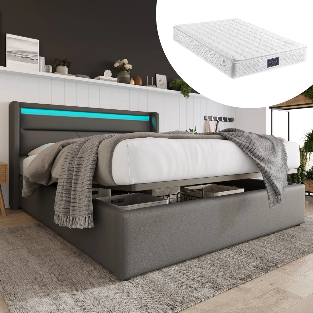 Letto matrimoniale contenitore 140 × 200 cm imbottito in PU grigio con LED rete a doghe e sollevamento idraulico