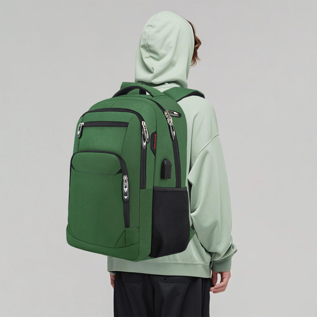 Zaino portatile verde con presa USB e tasca antifurto