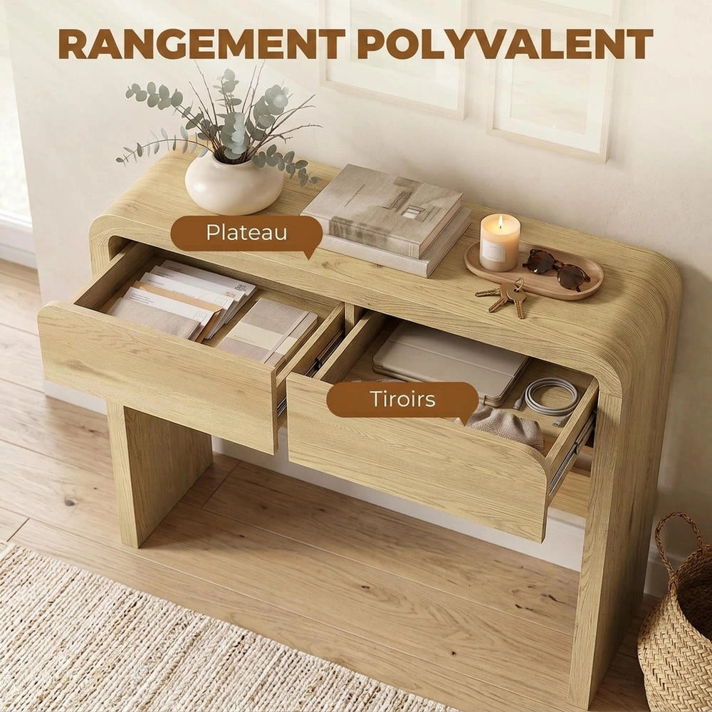 Tavolo consolle con 2 cassetti per ingresso e soggiorno, mobile in legno naturale, piano spesso e angoli arrotondati, 100 x 30 x 85 cm