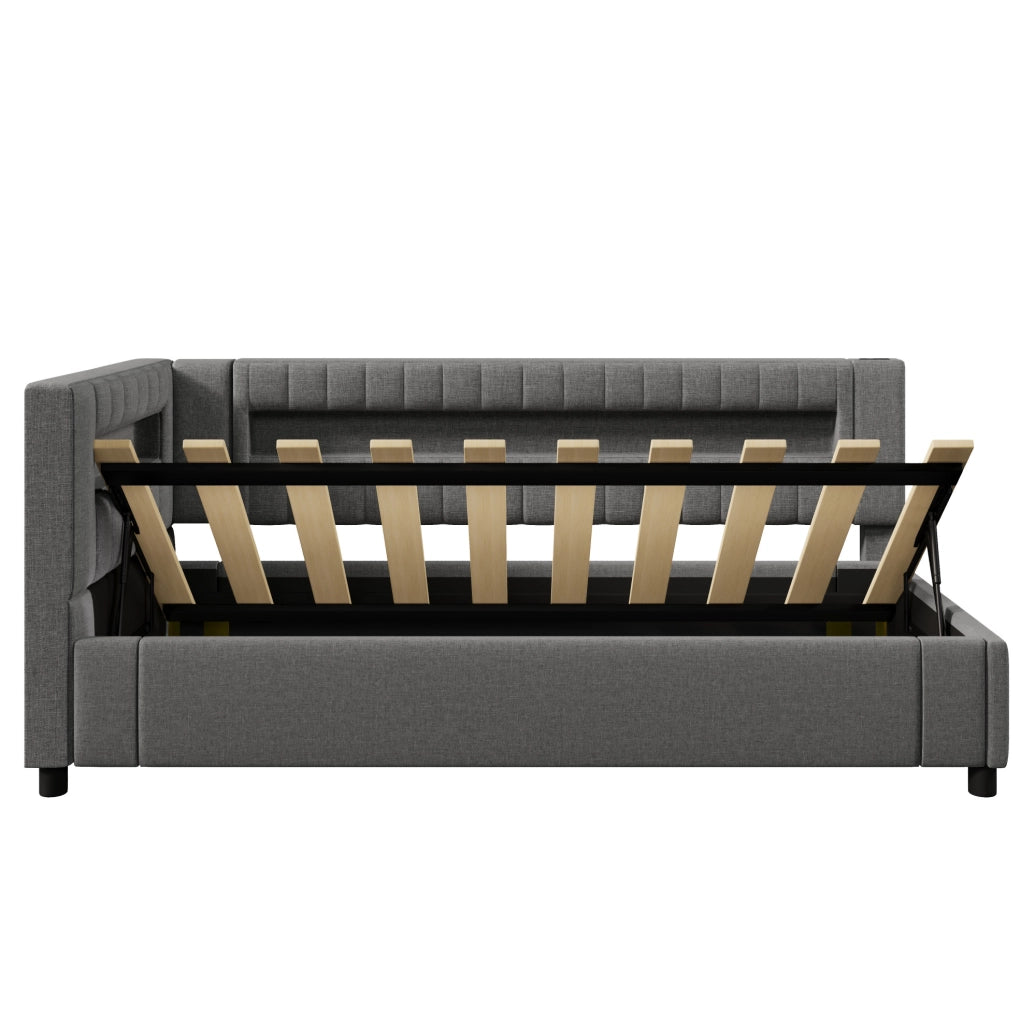Divano letto 90x200 cm in lino grigio con LED, porta USB + Type-C e contenitore idraulico, senza materasso
