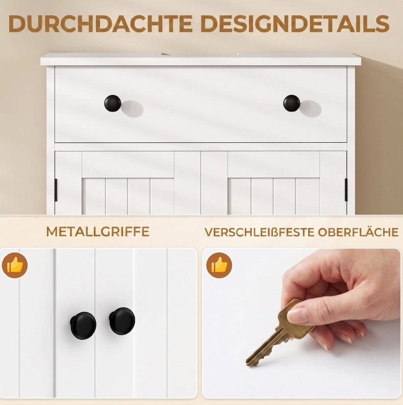 Mobile bagno bianco moderno con anta doppia, cassetto e chiusura soft-close, ideale per lavabo senza piedistallo