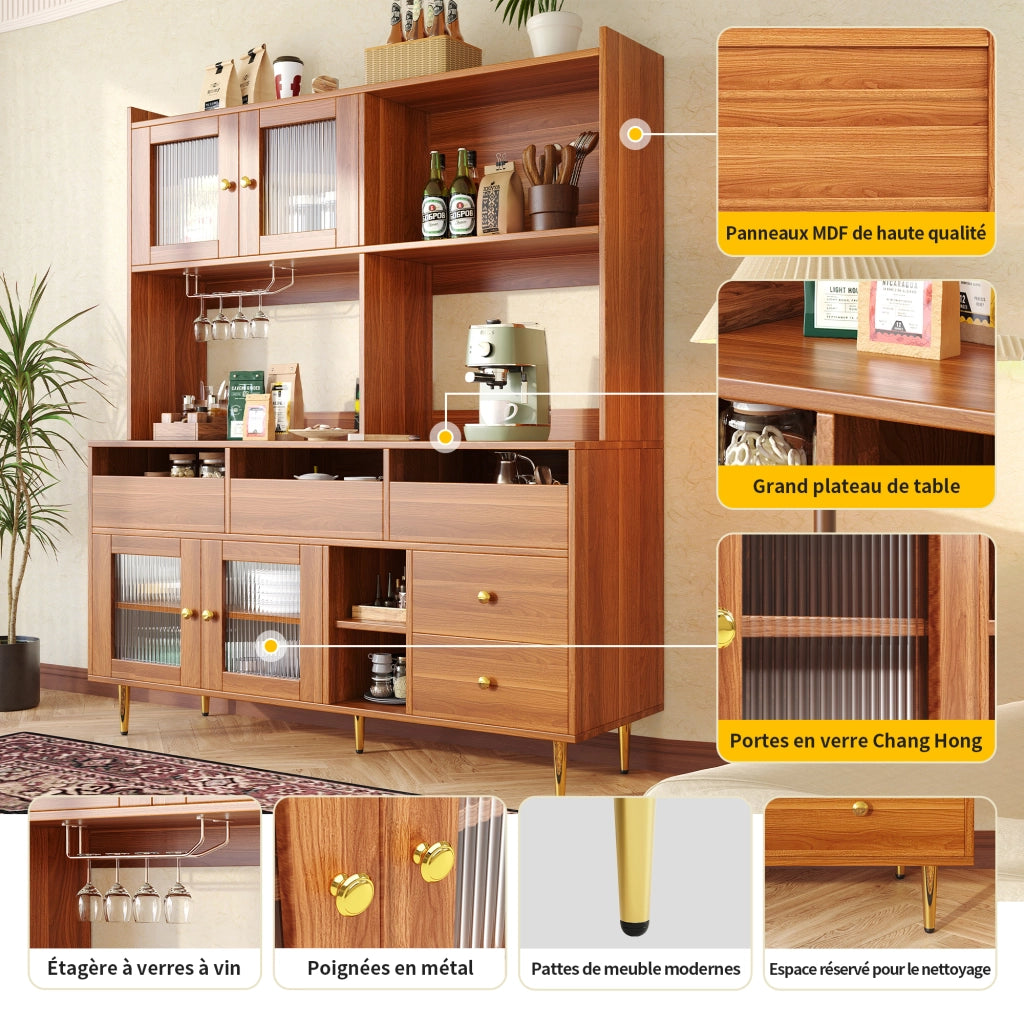 Credenza alta 145 × 39 × 171 cm in MDF marrone noce con porta in vetro scanalato portabottiglie cassetti e ripiani