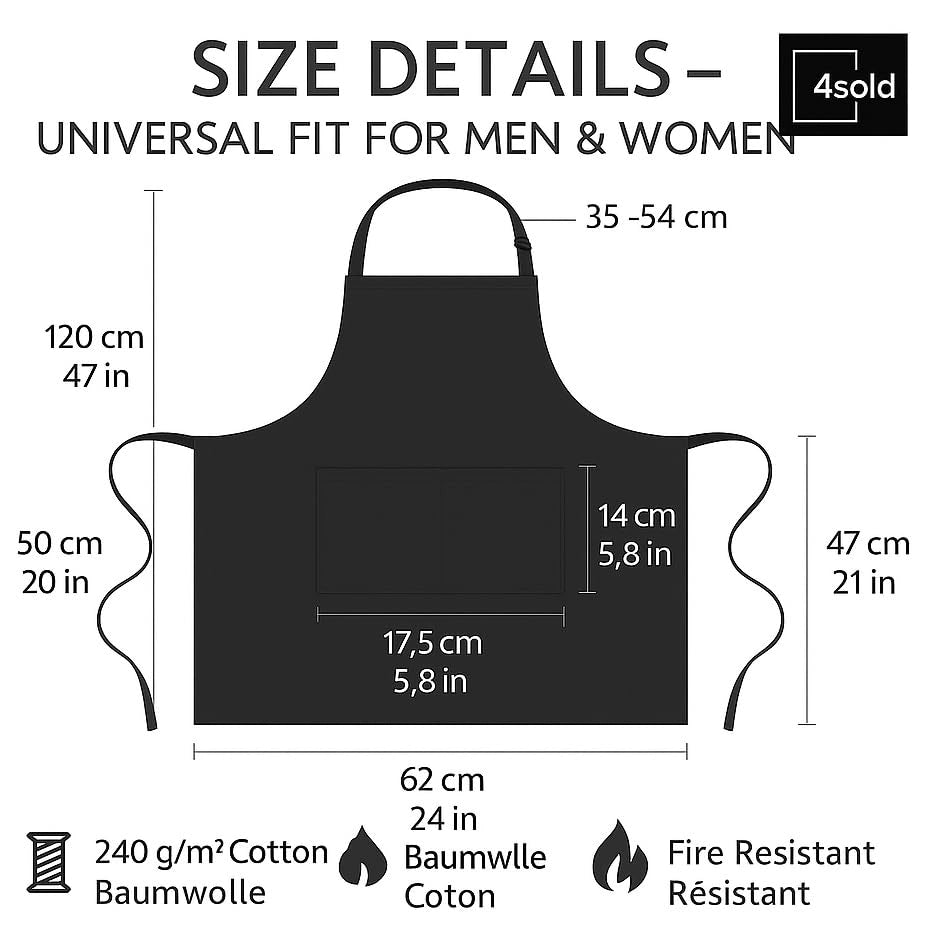 Grembiule da cucina in cotone, 240 g/m², confezione da 2, colore nero, regolabile