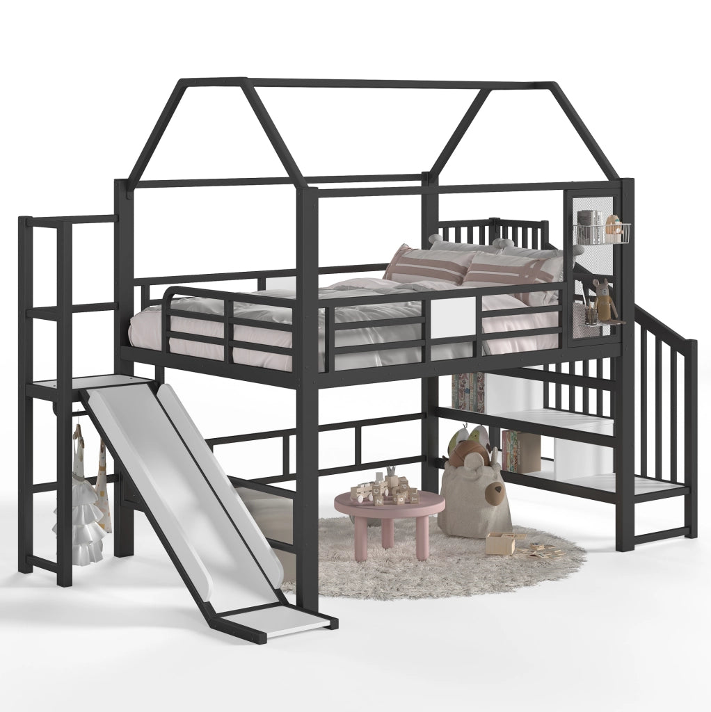 Letto a soppalco per bambini a casetta nero con scivolo e scala