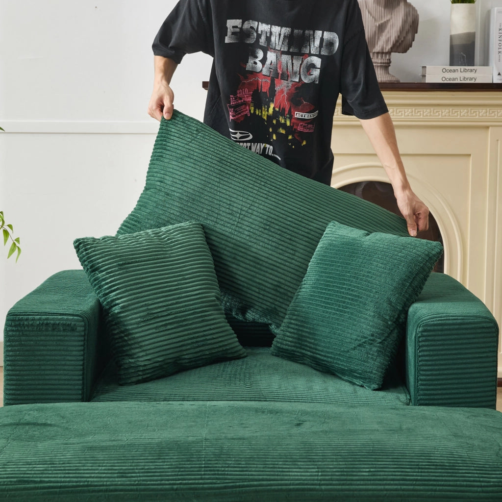 Chaise longue con vano contenitore in velluto a coste, verde smeraldo