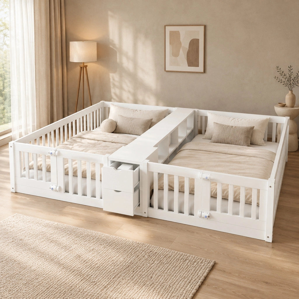 Letto doppio bambini 2x90x200 bianco con cassetti, ripiani e 2 materassi