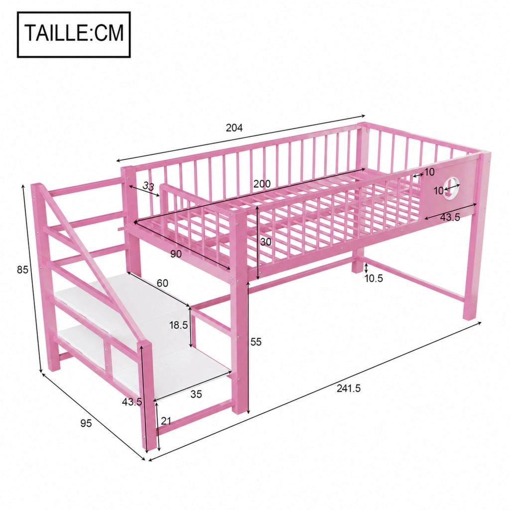 Letto a soppalco basso per bambini 90 × 200 cm con scala contenitore in metallo rosa salvaspazio