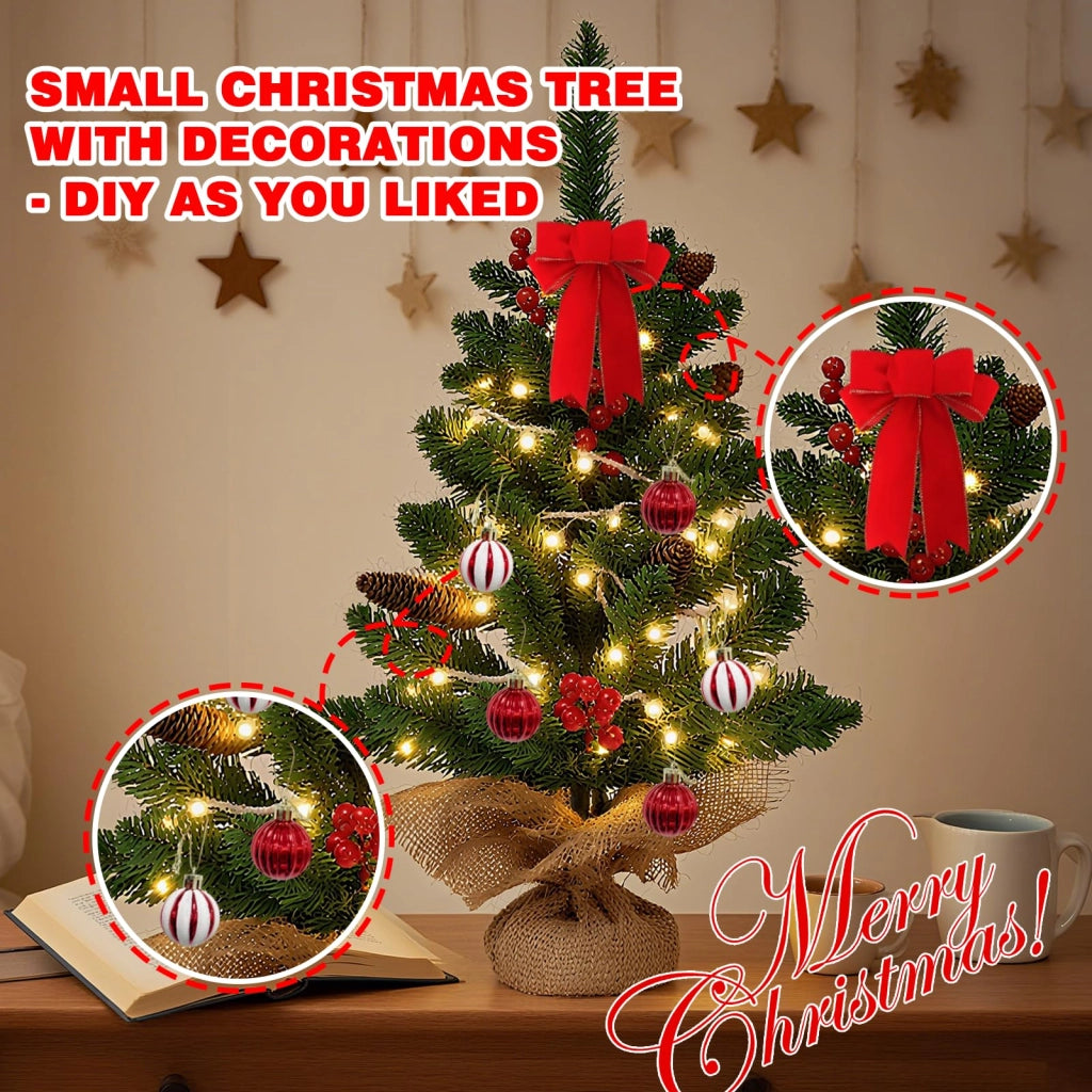 Albero di Natale artificiale, altezza 60 cm, con 20 luci LED e 6 palline, colore verde