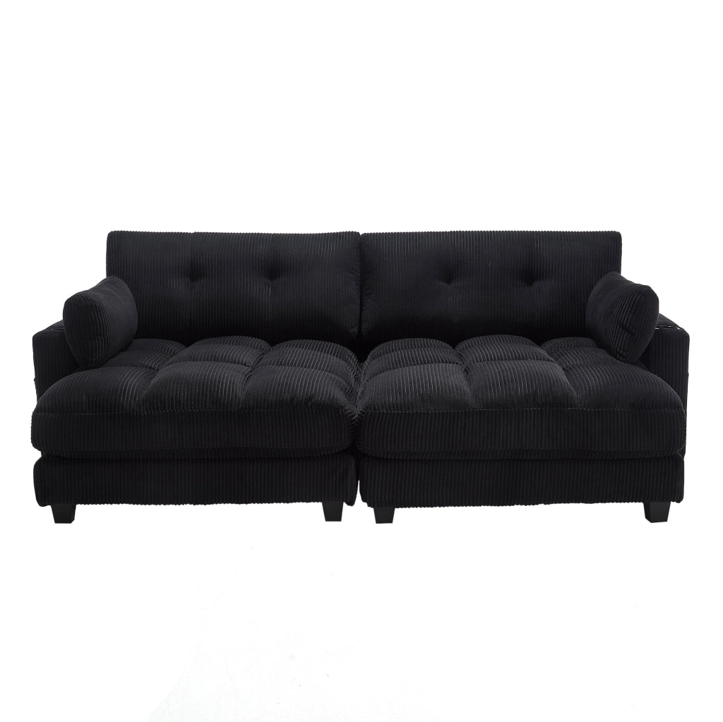Divano 2 posti 224x140x81 cm in corduroy nero, modulare con USB e portabicchieri