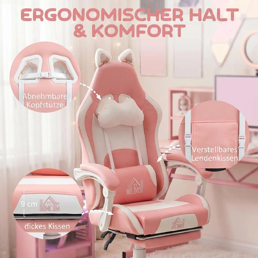 Sedia gaming con orecchie da gatto, ecopelle rosa/bianca, reclinabile fino a 135°, poggiapiedi estraibile, altezza 44-52 cm, portata fino a 120 kg