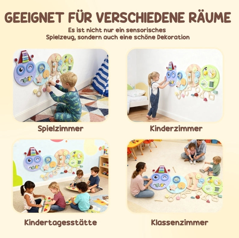 Pannello Montessori da parete 7 in 1 a forma di bruco, 108 cm