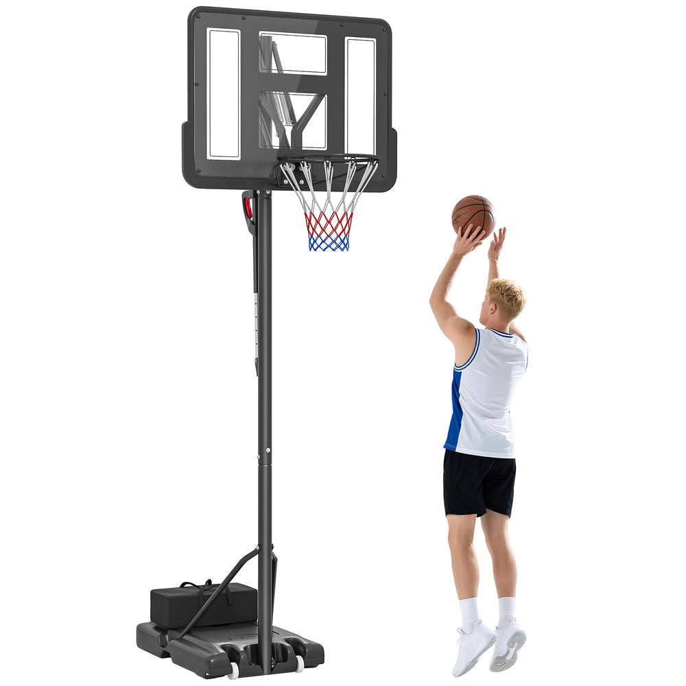 Canestro da basket con supporto mobile regolabile in altezza 235-305 cm, base riempibile con ruote, nero, robusto per giardino