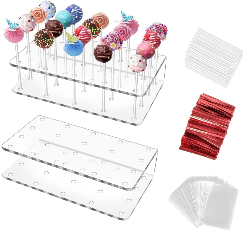 Supporto per cake pop, in acrilico, confezione da 2 pezzi, con 20 fori, completo di 100 stecchini