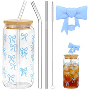 Set di bicchieri in vetro con coperchio e cannucce, capacità 40 ml, colore blu