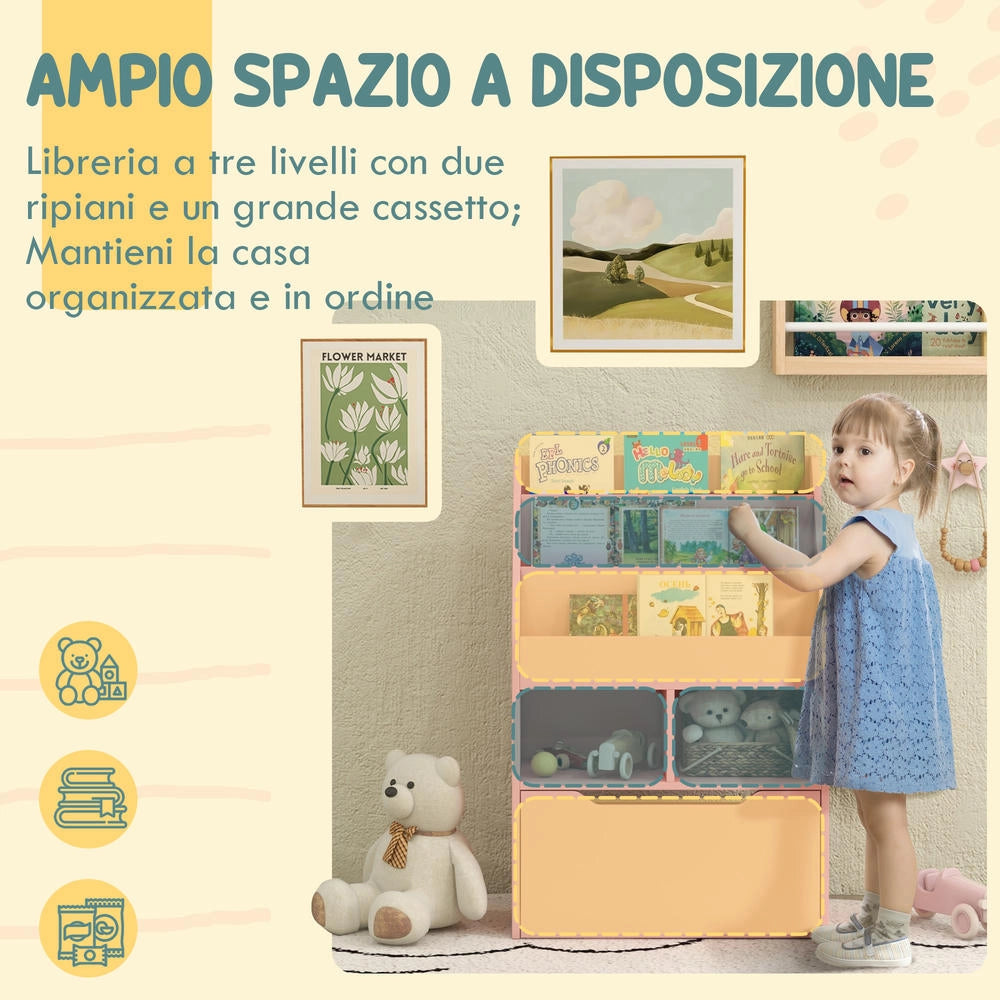 Piccola libreria per bambini in MDF, colore rosa, 60x29.9x90cm con ripiani, cassetto, design salvaspazio per cameretta