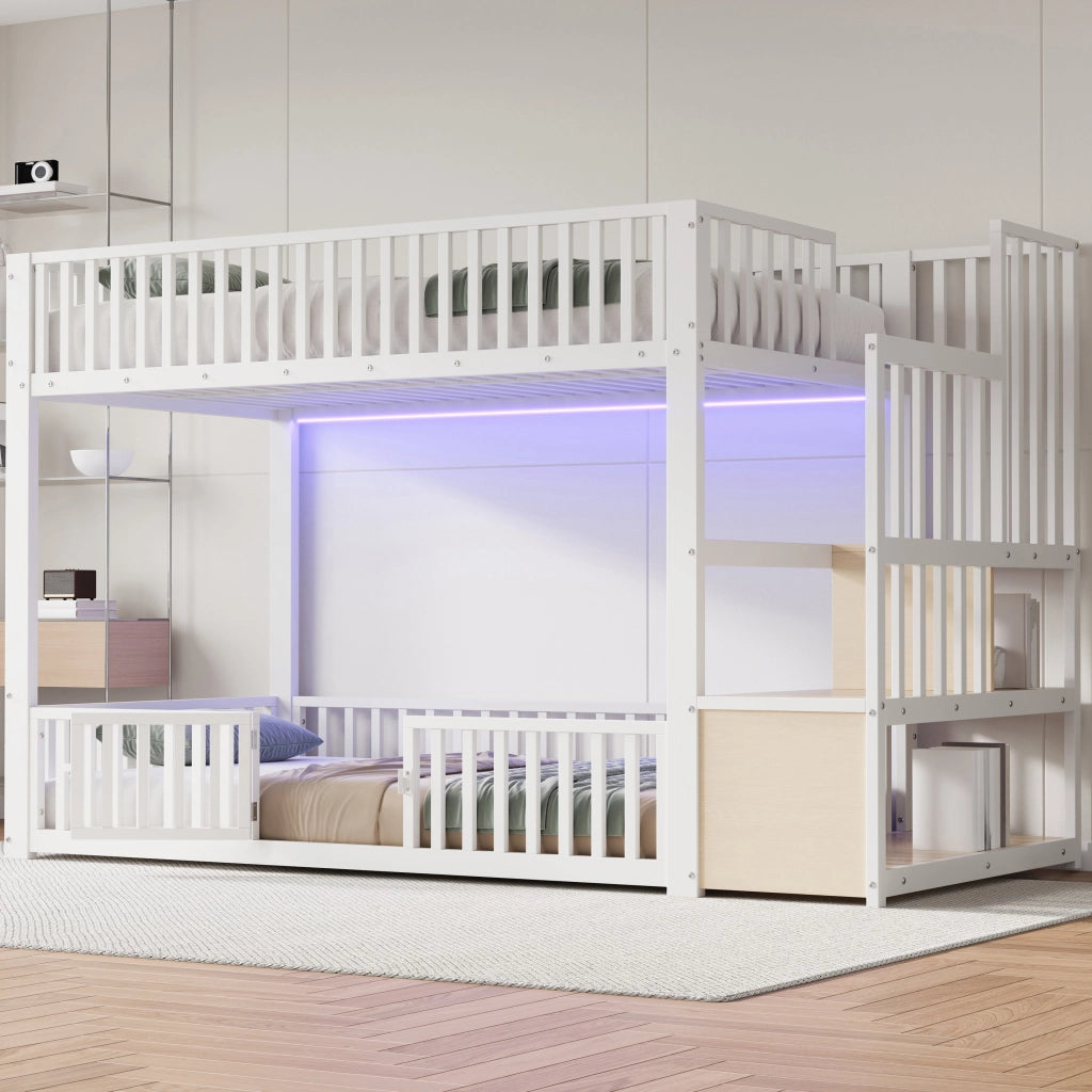 Letto a castello 90x200 cm; scala contenitore; LED; bianco
