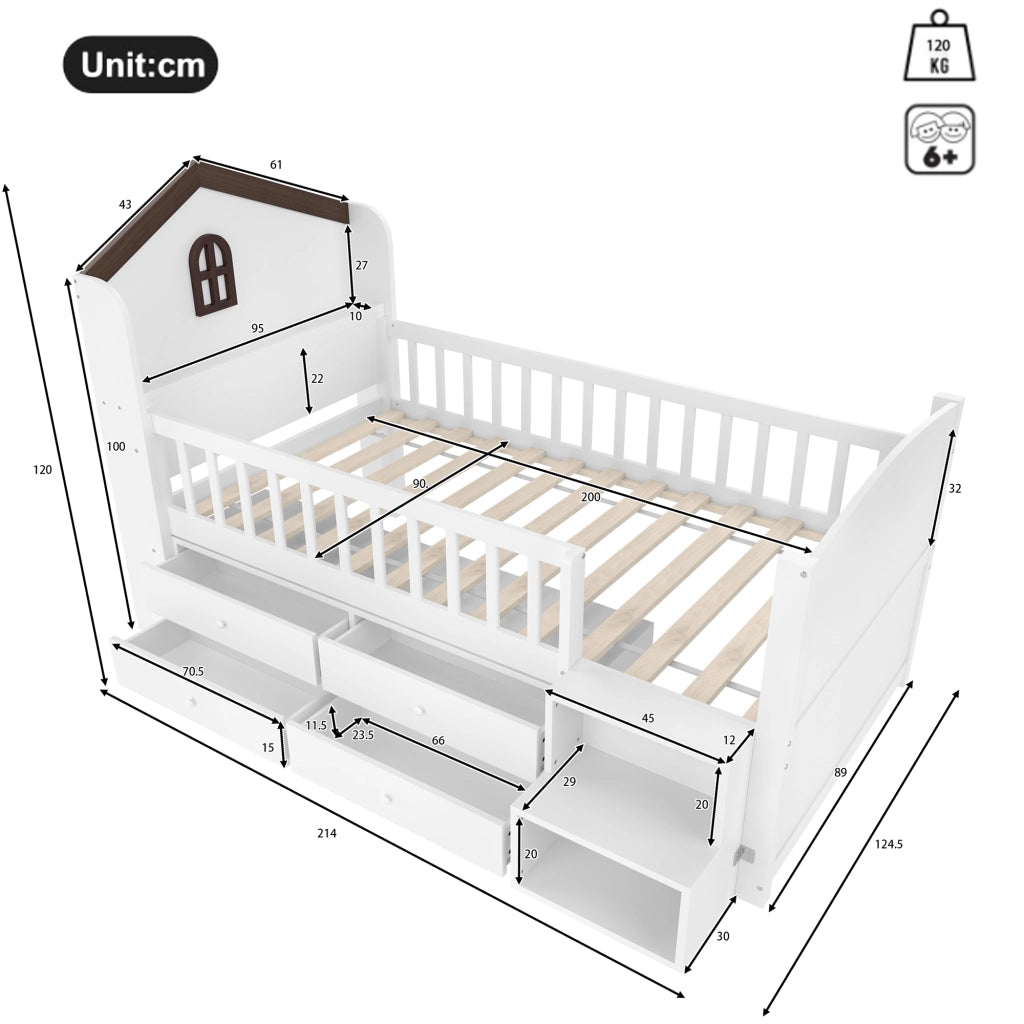 Letto per bambini a soppalco 90 × 200 cm a forma di casa con 4 cassetti scala con ripiani LED bianco