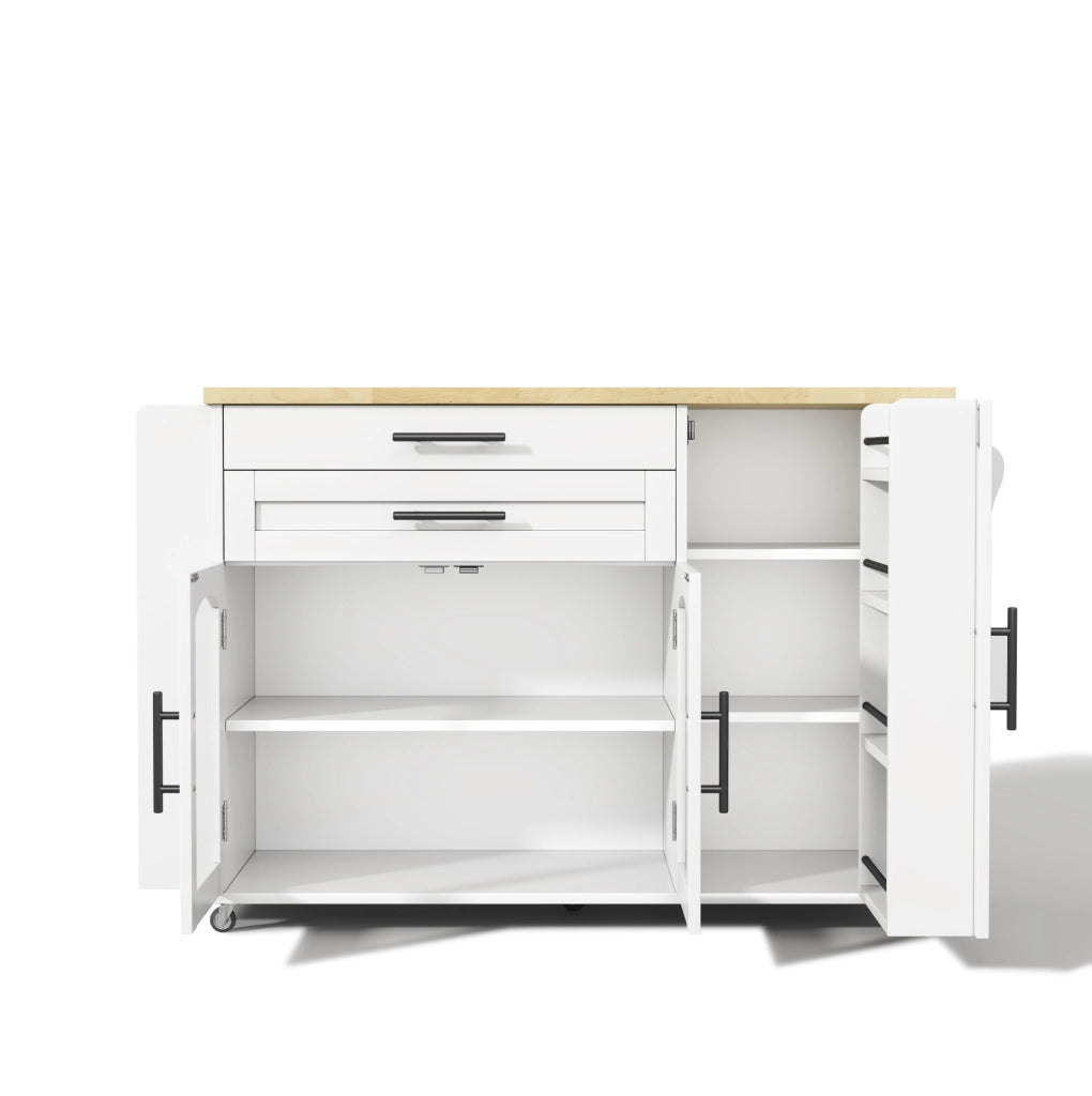 Isola cucina mobile con piano ribaltabile e 5 ruote in MDF naturale e bianco