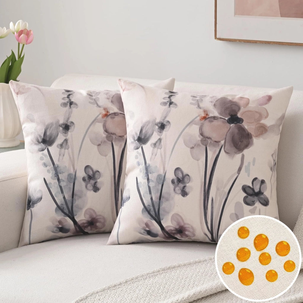 Coperte per cuscini 40x40 cm, set da 2, in lino, impermeabili, con motivo di fiori acquerellati