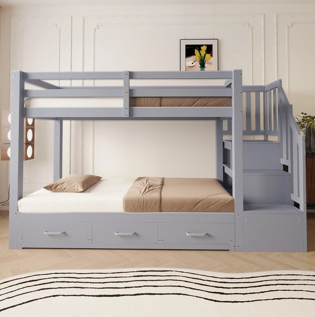 Letto a castello ULEVR 90x200 cm con letto estraibile 90/180x190 cm, 3 cassetti e scala contenitore, grigio
