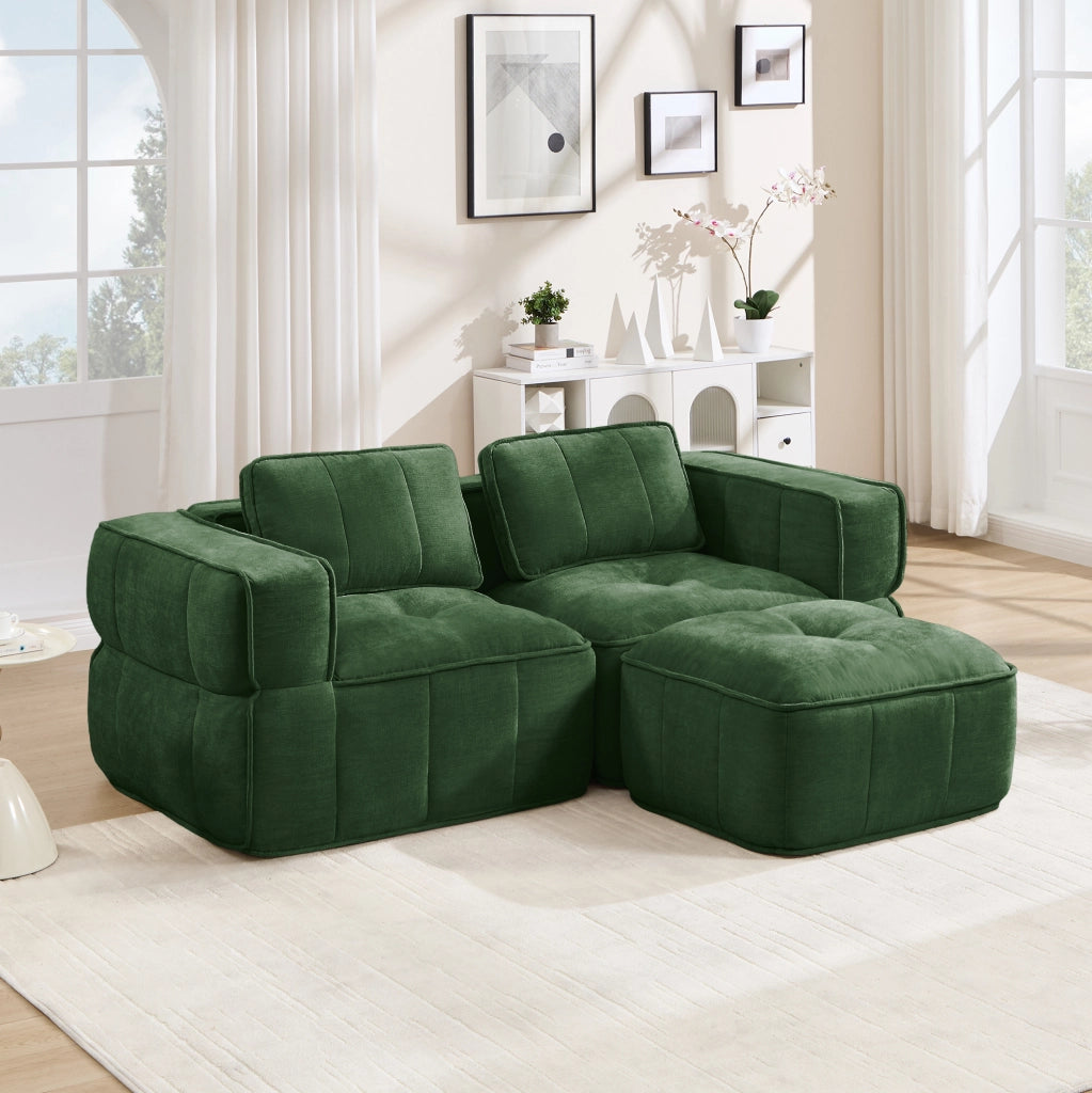 Divano modulare con pouf verde in poliestere, 198 x 162 x 67 cm
