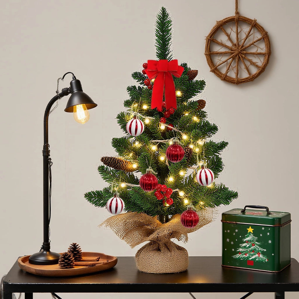 Albero di Natale artificiale, altezza 60 cm, con 20 luci LED e 6 palline, colore verde
